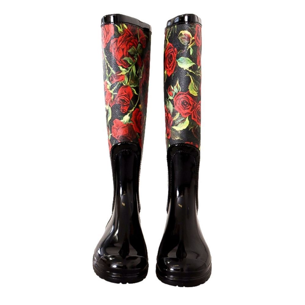 DOLCE & GABANNA Black Rubber Red Tall Knee High Rain Boots Shoes EU 38 - Picture 5 of 6